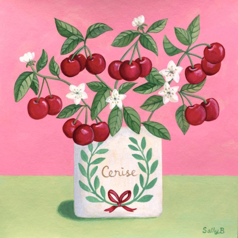 Gemälde Cerises avec fleurs von Sally B | Gemälde Naive Kunst Acryl Pop-Ikonen, Stillleben