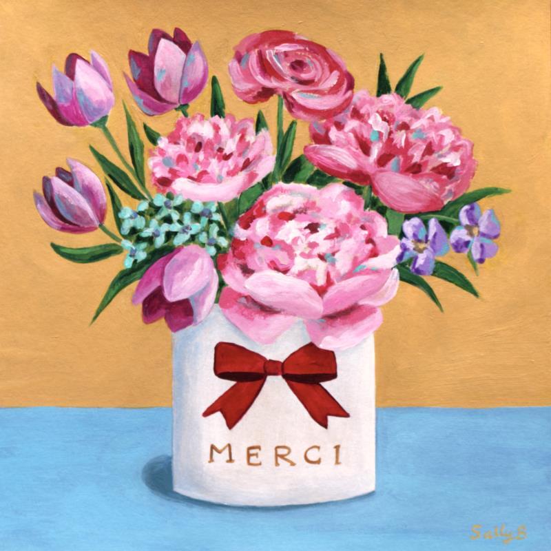 Painting Merci bouquet fleurs by Sally B | Painting Naive art Acrylic Pop icons, Still-life