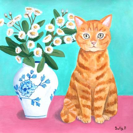 Gemälde Chat roux avec fleurs chinoiserie von Sally B | Gemälde Naive Kunst Acryl Tiere