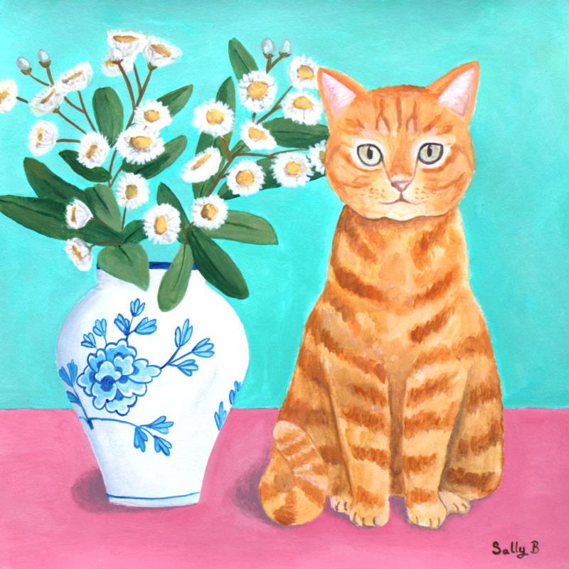 Gemälde Chat roux avec fleurs chinoiserie von Sally B | Gemälde Naive Kunst Tiere Acryl
