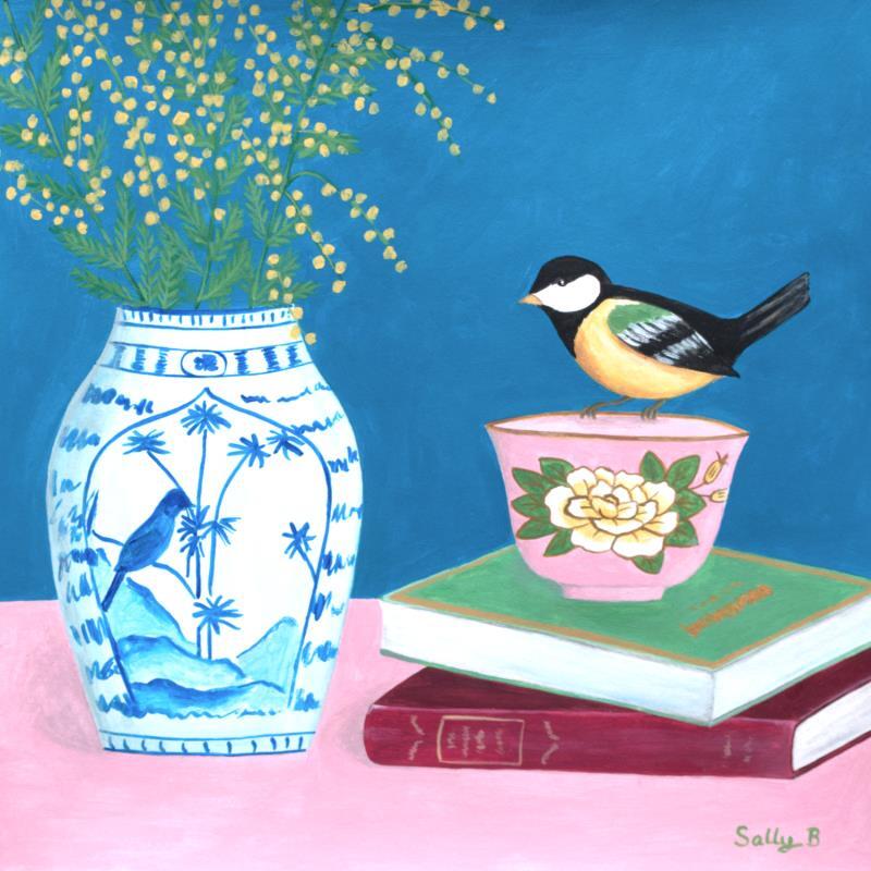 Gemälde Oiseau avec mimosa chinoiserie von Sally B | Gemälde Naive Kunst Acryl Stillleben