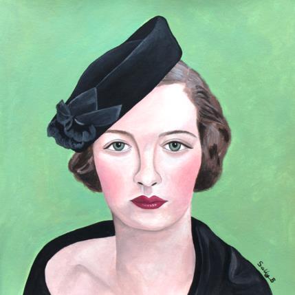 Painting Femme vintage avec yeux vert by Sally B | Painting Figurative Acrylic Portrait