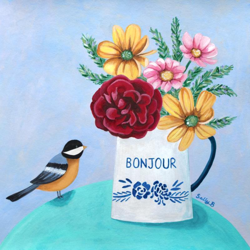 Gemälde Bonjour fleurs avec oiseau von Sally B | Gemälde Naive Kunst Acryl Stillleben