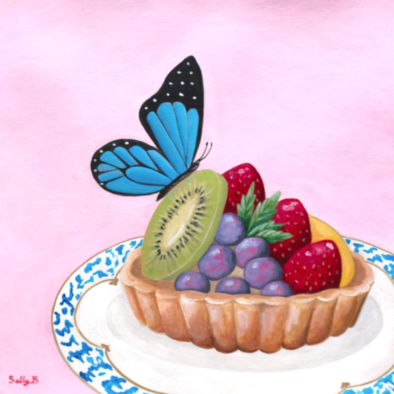 Painting Tarlette aux fruit avec papillon by Sally B | Painting Naive art Acrylic Still-life