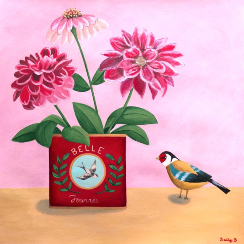 Peinture Belle journée oiseau et fleurs par Sally B | Tableau Art naïf Acrylique Animaux