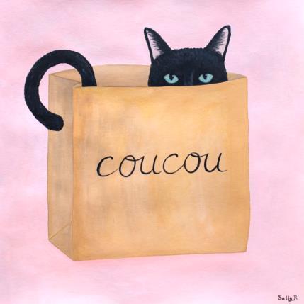 Gemälde Coucou chat noir von Sally B | Gemälde Naive Kunst Acryl Tiere
