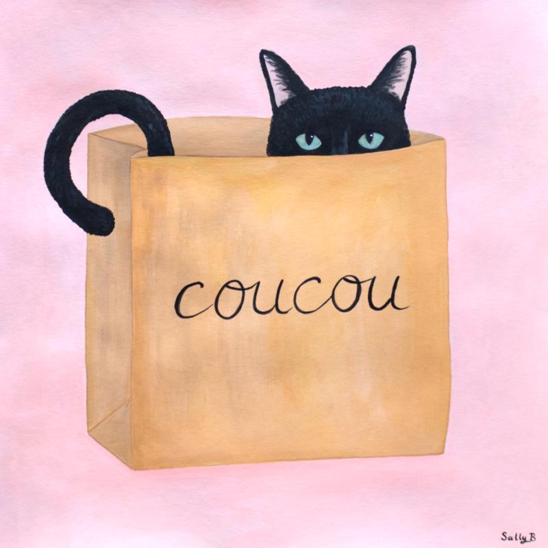 Peinture Coucou chat noir par Sally B | Tableau Art naïf Acrylique Animaux