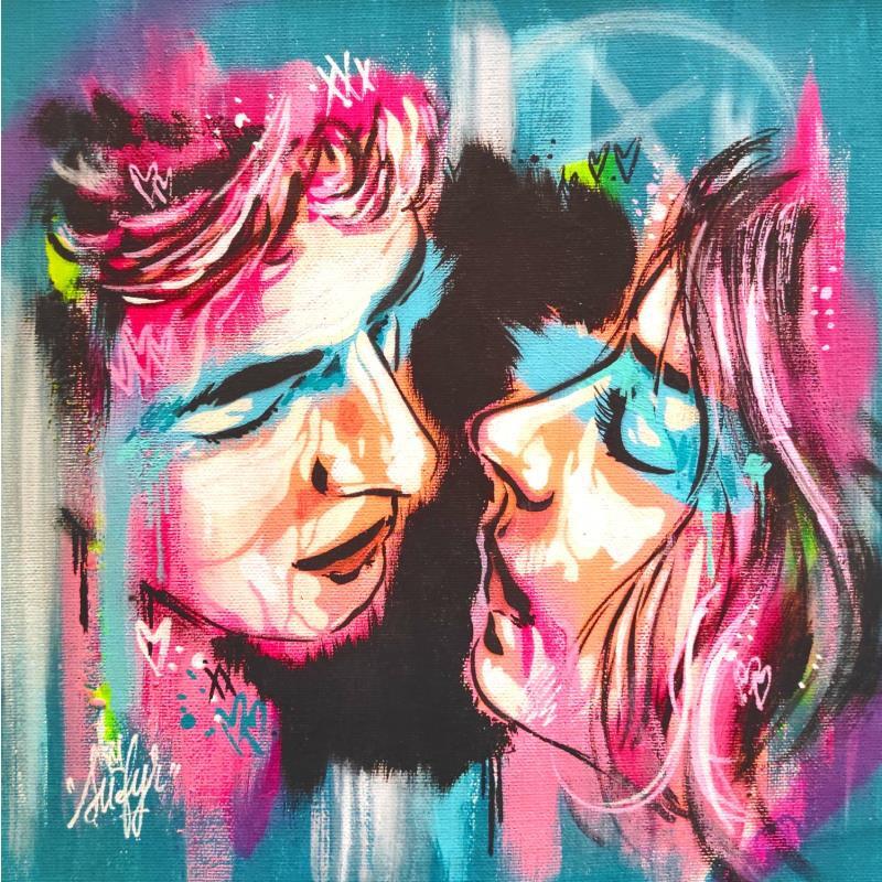 Gemälde Toi et moi le baiser von Sufyr | Gemälde Street art Porträt Graffiti Posca