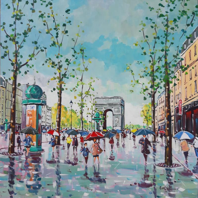Painting CHAMPS ELYSEES SOUS LA PLUIE by Euger | Painting Figurative Acrylic Landscapes, Life style, Urban