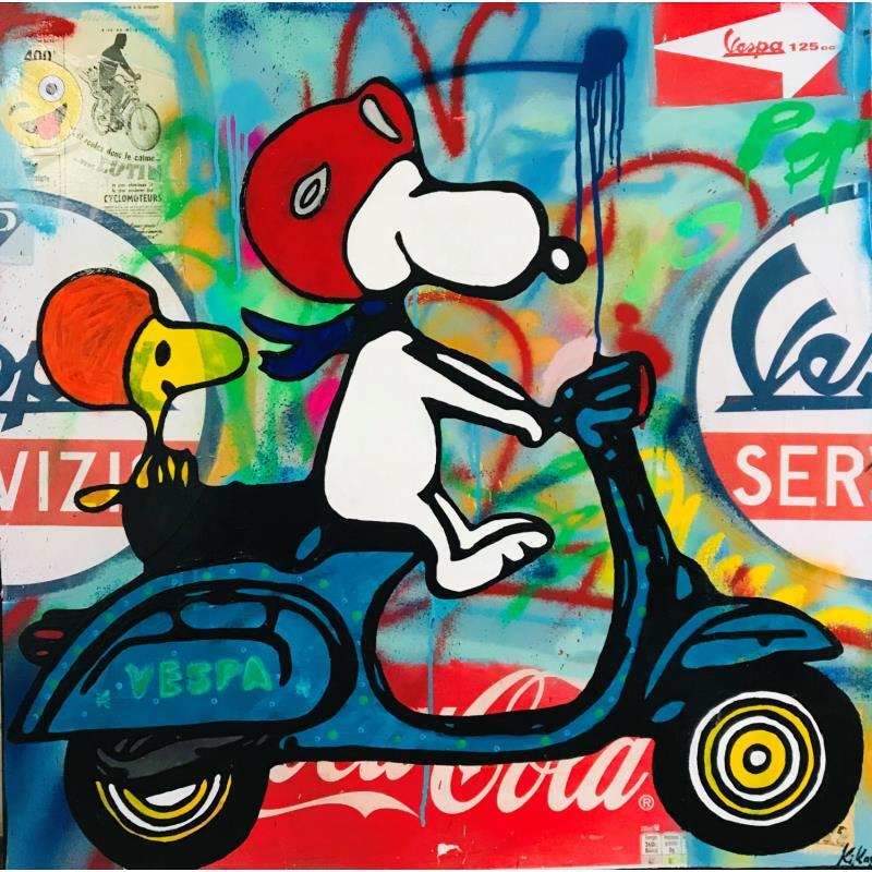 Peinture Snoopy vespa par Kikayou | Tableau Pop-art Acrylique, Collage, Graffiti Icones Pop
