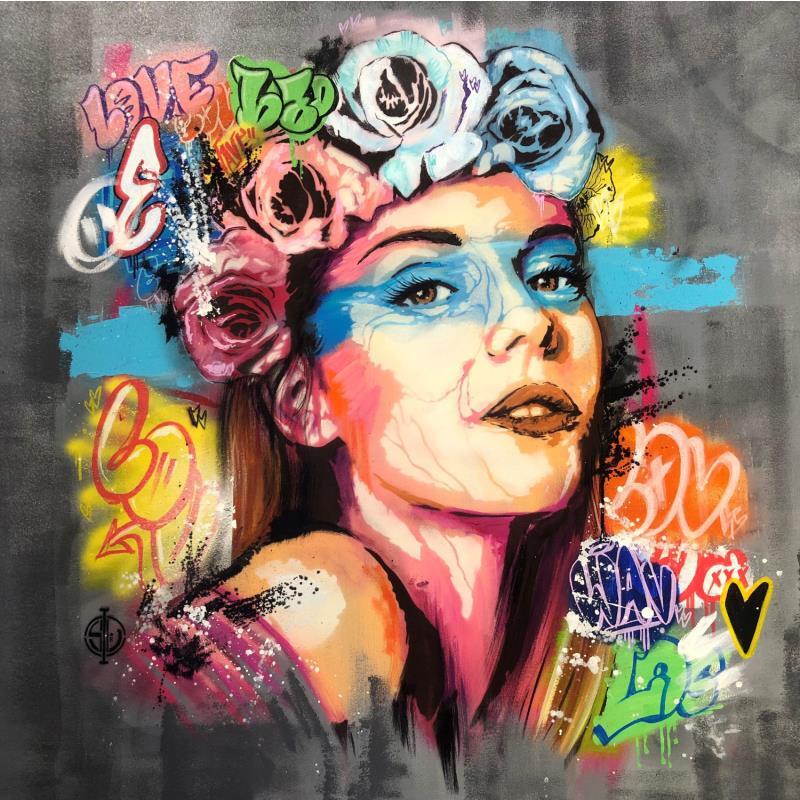 Gemälde La femme à la couronne de fleurs von Sufyr | Gemälde Street art Graffiti, Posca