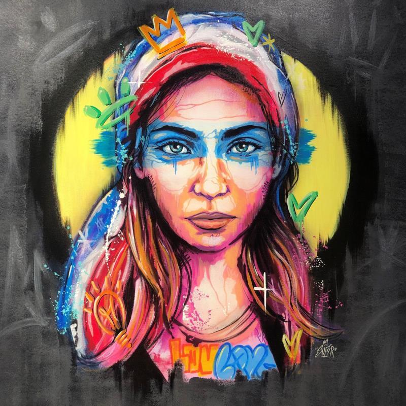 Peinture La femme au voile bleu blanc rouge par Sufyr | Tableau Street Art Graffiti, Posca
