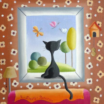 Peinture Chat à la fenêtre par Davy Bouttier Elisabeth | Tableau Art naïf Huile Animaux, Scènes de vie