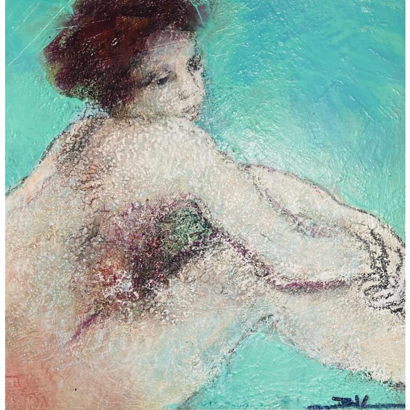 Gemälde Dans mon voile bleuté von Kerbastard Béatrice | Gemälde Figurativ Akt Öl Acryl Pastell Zeichenkohle