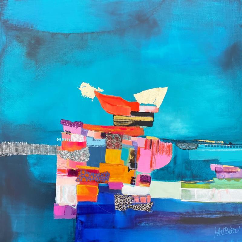Painting Village flottant by Lau Blou | Painting Abstract Acrylic, Cardboard, Gluing, Gold leaf, Pastel Landscapes