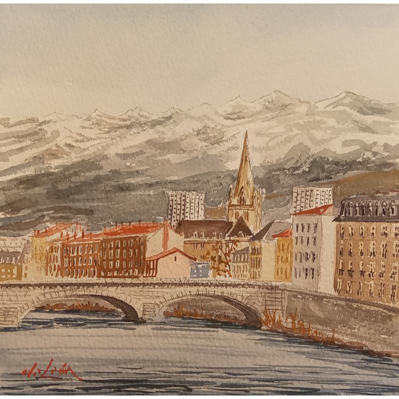 Painting Ville entre rivière et montagnes by De León Lévi Marcelo | Painting Figurative Watercolor Pop icons, Urban