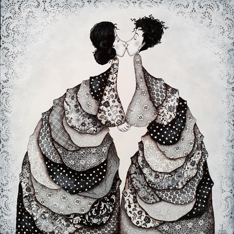 Peinture Juliette et Pierrot par Blais Delphine | Tableau Art naïf Acrylique, Collage Noir & blanc, Portraits