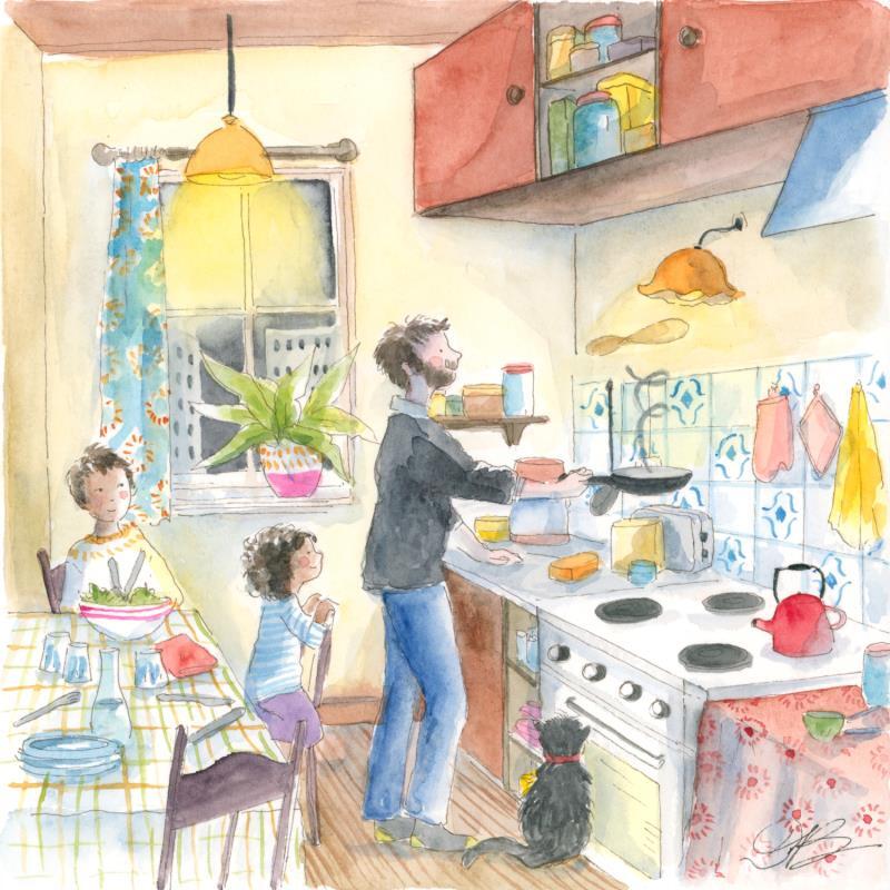 Painting Crêpes en famille by Balme Delphine | Painting Figurative Life style Watercolor