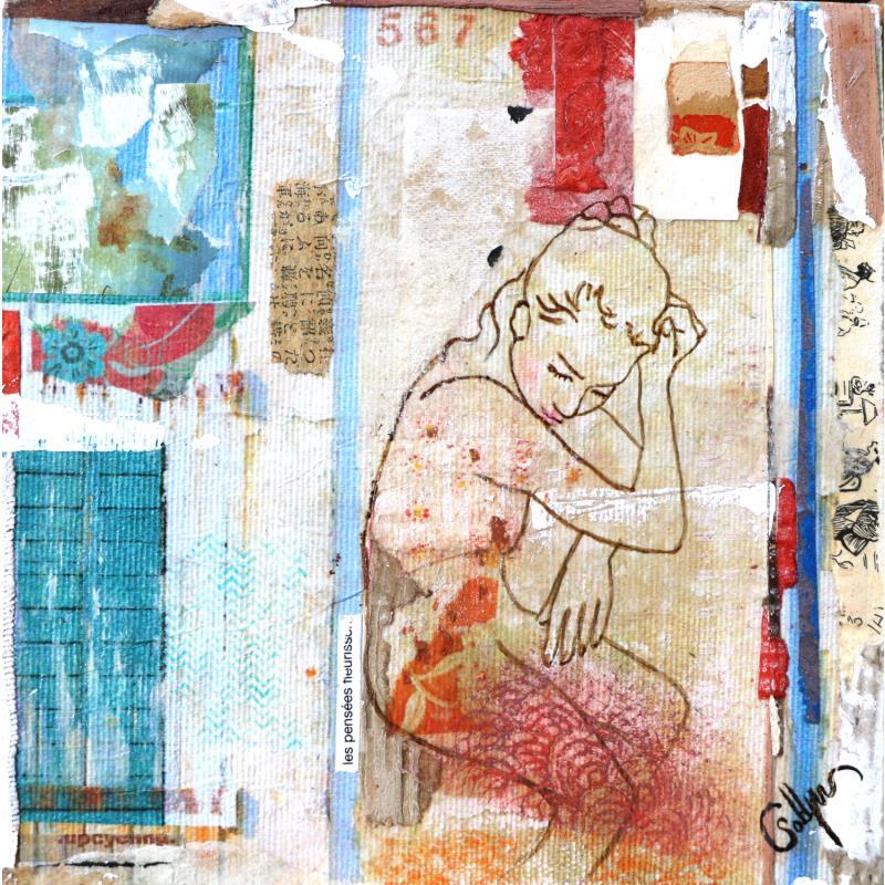 Painting Larmes d'Ondine by Sablyne | Painting Raw art Acrylic, Cardboard, Gluing, Gold leaf, Ink, Paper, Pastel, Pigments, Upcycling, Wood Life style, Pop icons, Portrait