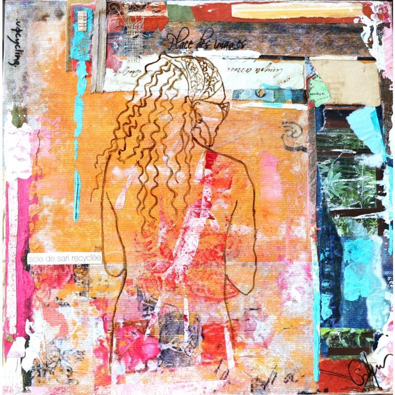 Painting Femme funk by Sablyne | Painting Figurative Acrylic, Cardboard, Gluing, Gold leaf, Ink, Pastel, Pigments, Textile, Upcycling, Wood Life style, Portrait