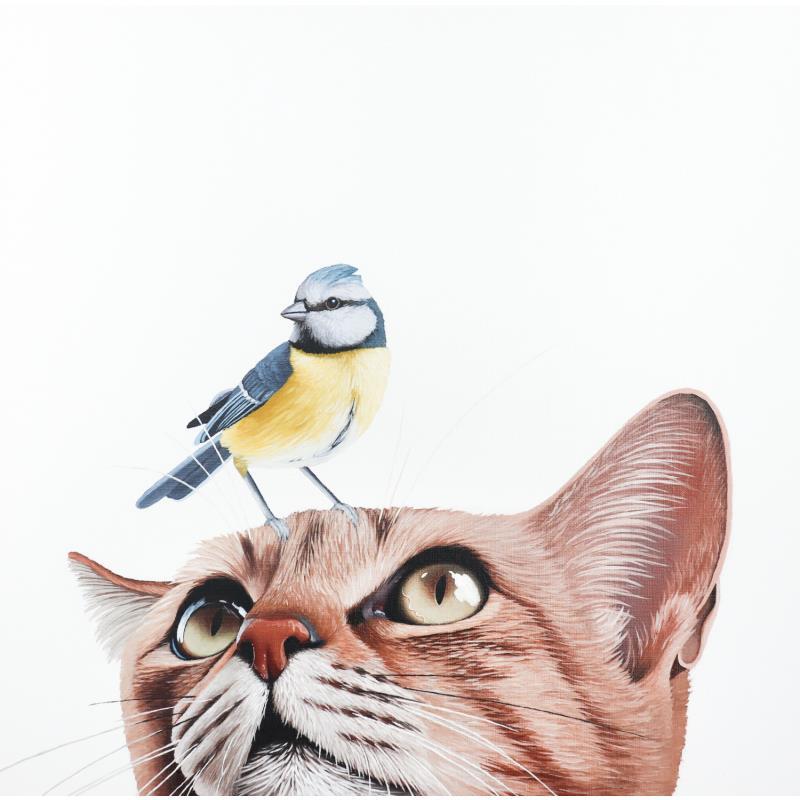 Gemälde BIRD AND CAT 8 von Milie Lairie | Gemälde Realismus Öl Natur, Tiere