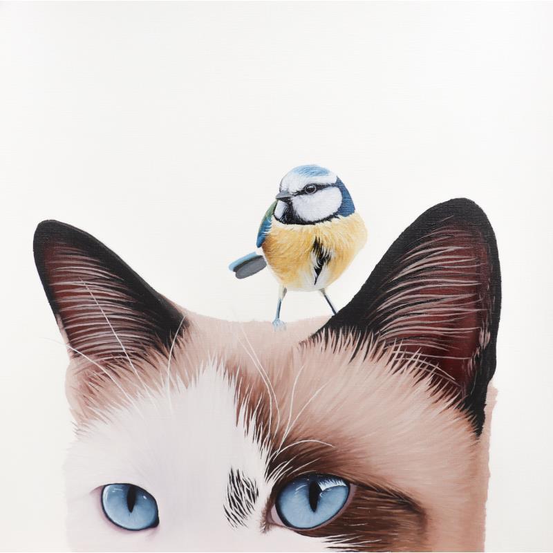 Painting BIRD AND CAT 7 by Milie Lairie | Painting Realism Oil Animals, Nature
