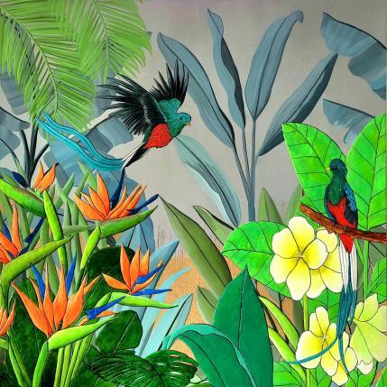 Gemälde QUETZAL DU PANAMA von Geiry | Gemälde Materialismus Acryl, Holz, Marmorpulver, Pigmente Landschaften, Natur, Tiere
