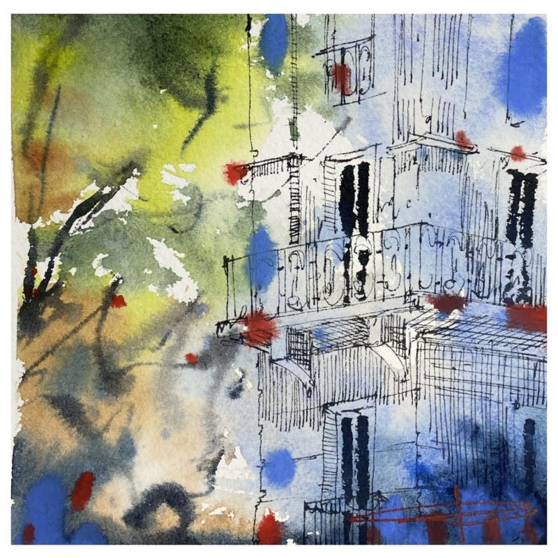 Peinture Balcon parisien  par Bailly Kévin  | Tableau Figuratif Aquarelle, Encre Architecture, Urbain