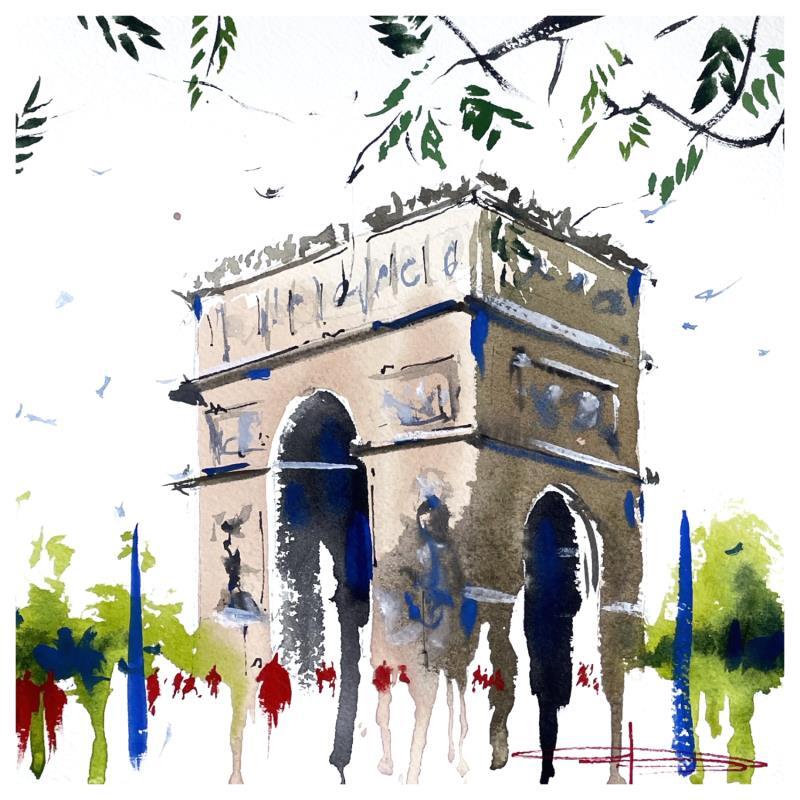 Gemälde L’Arc de Triomphe von Bailly Kévin  | Gemälde Figurativ Aquarell, Tinte Architektur, Pop-Ikonen, Urban