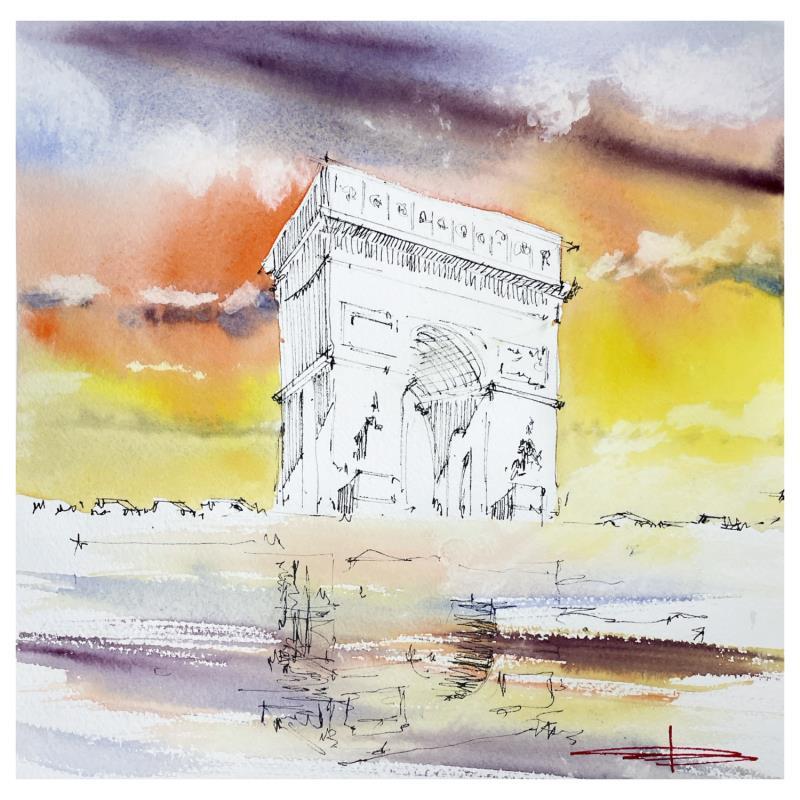 Painting Reflets sur l’Arc de triomphe by Bailly Kévin  | Painting Figurative Ink, Watercolor Architecture, Urban