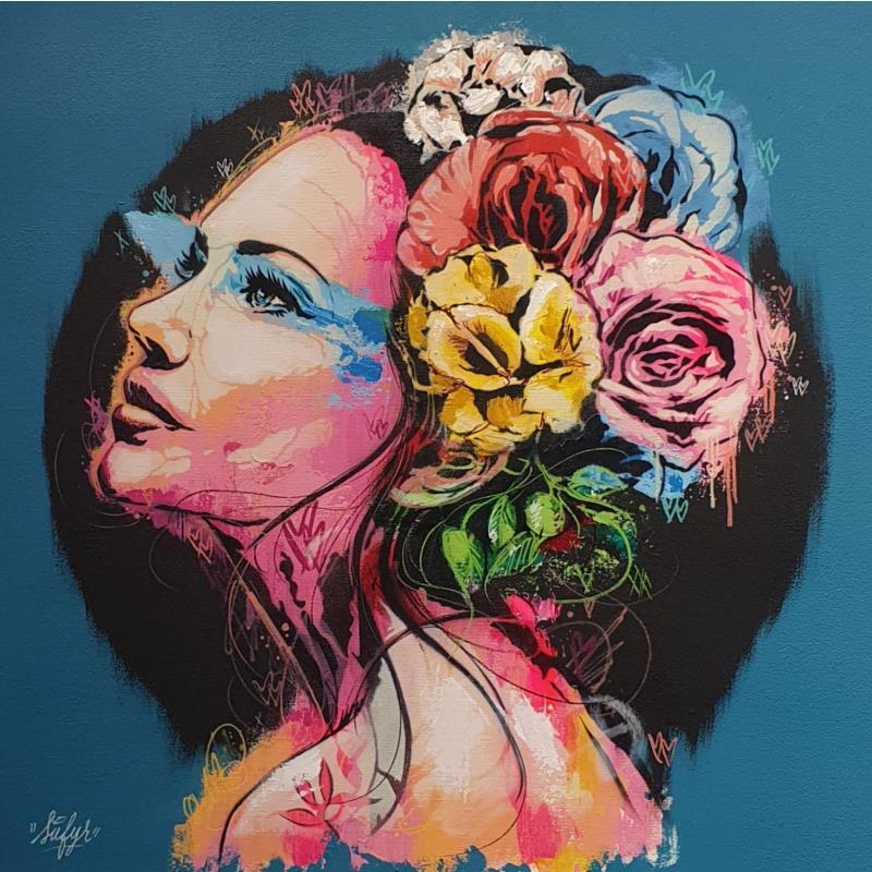 Gemälde La femme aux fleurs von Sufyr | Gemälde Street art Graffiti Posca