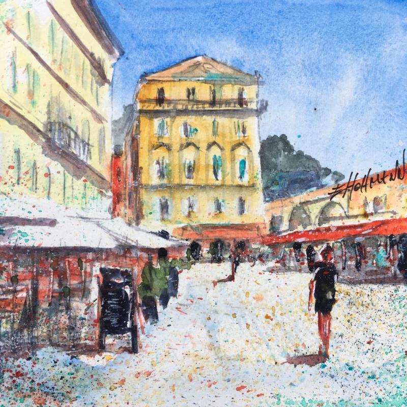 Peinture Nice Cours Saleya  par Hoffmann Elisabeth | Tableau Figuratif Urbain Aquarelle