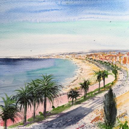Peinture Nice Promenade de palmiers  par Hoffmann Elisabeth | Tableau Figuratif Aquarelle Marine, Urbain
