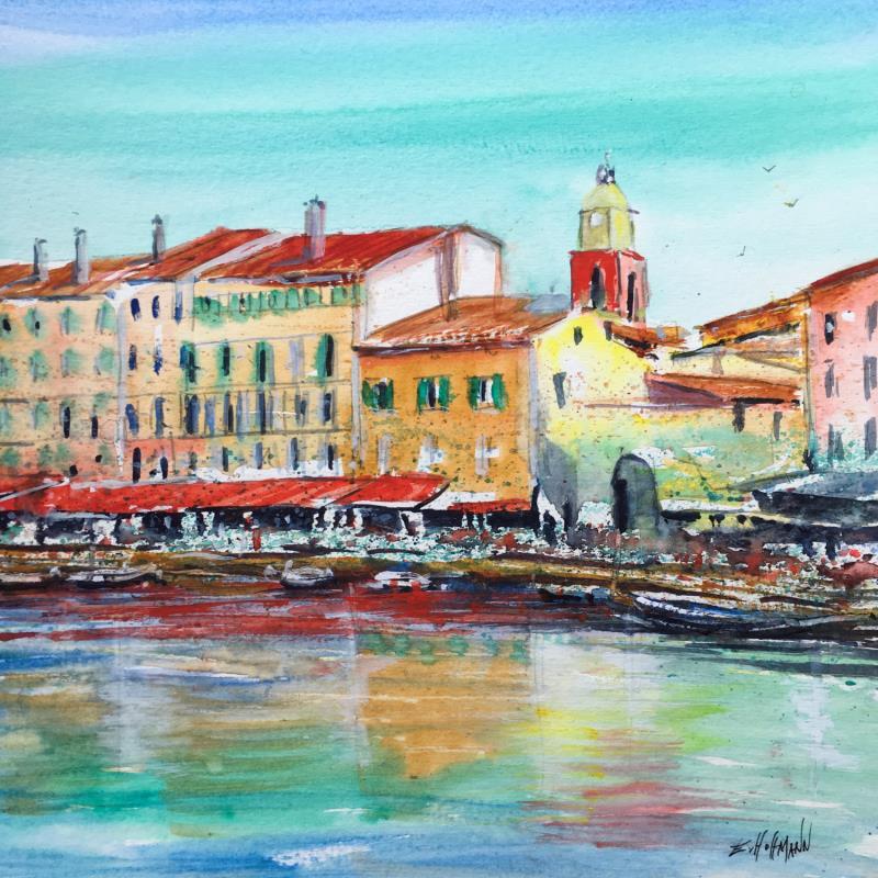 Gemälde St Tropez très coloré von Hoffmann Elisabeth | Gemälde Figurativ Urban Marine Aquarell