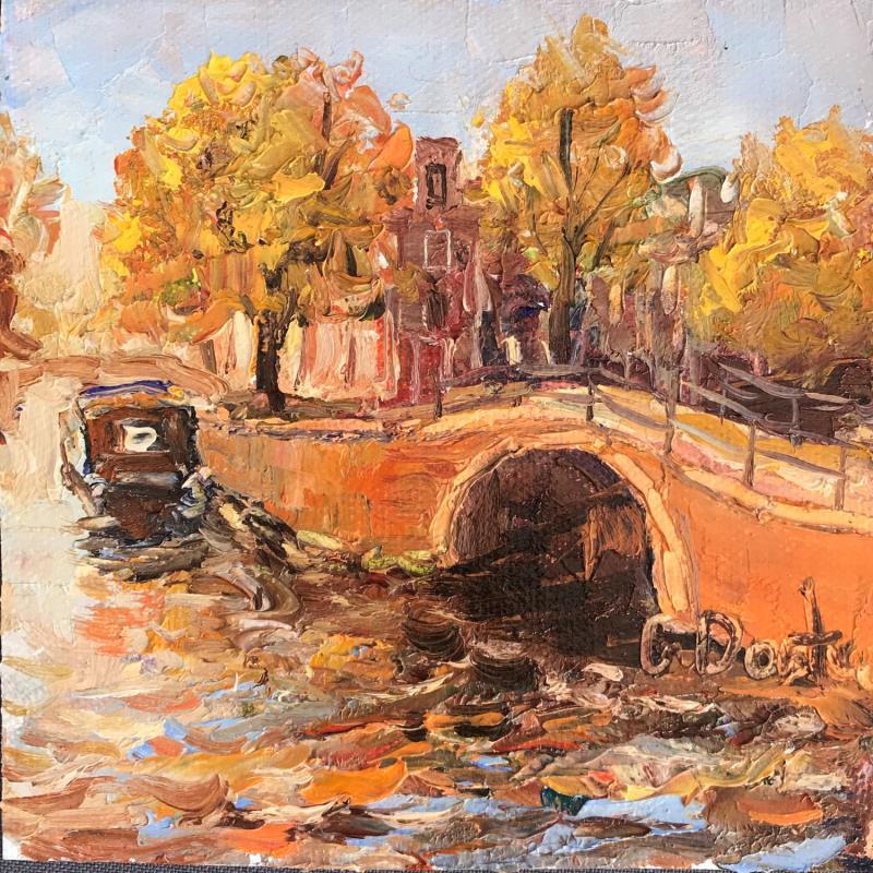 Peinture Le vieux Amsterdam en automne  par Dontu Grigore | Tableau Figuratif Urbain Huile