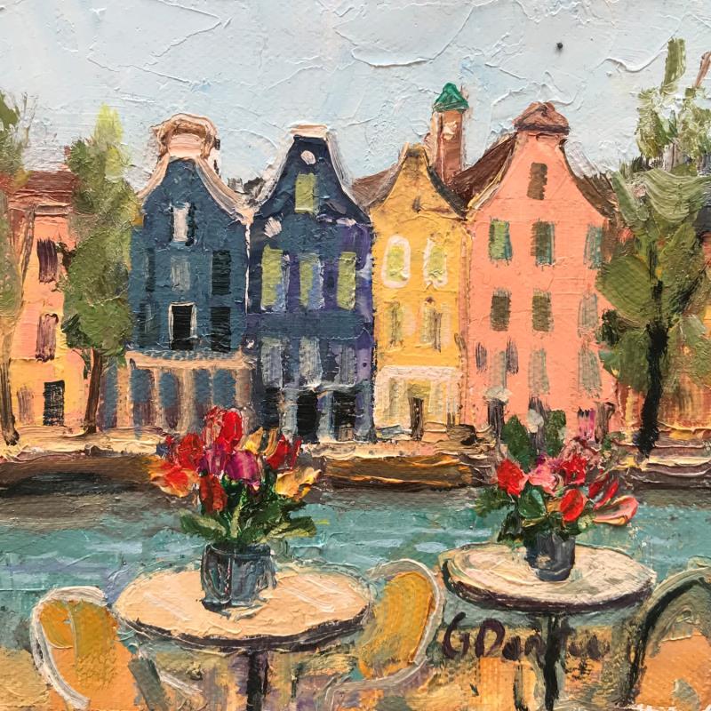 Peinture Les vases avec des tulipes sur la terrasse au bord du canal par Dontu Grigore | Tableau Figuratif Urbain Huile