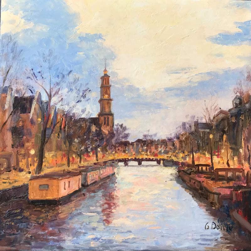 Painting Le Westerkerk bordée par le Prinsengracht by Dontu Grigore | Painting Figurative Oil Urban