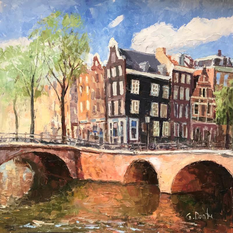 Peinture Les vieilles maisons dans le quartier d’Amsterdam par Dontu Grigore | Tableau Figuratif Urbain Huile