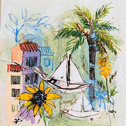 Painting Les voiles blanches by Colombo Cécile | Painting Naive art Acrylic, Gluing, Ink, Pastel, Watercolor Life style, Marine, Nature