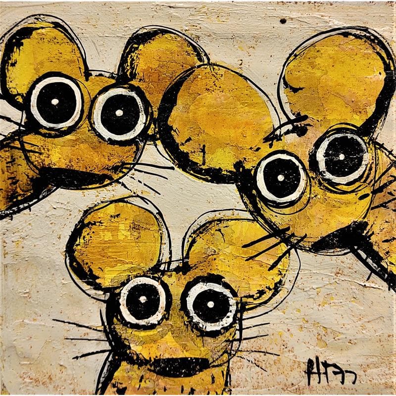 Peinture Trio de souris par Maury Hervé | Tableau Art naïf Animaux