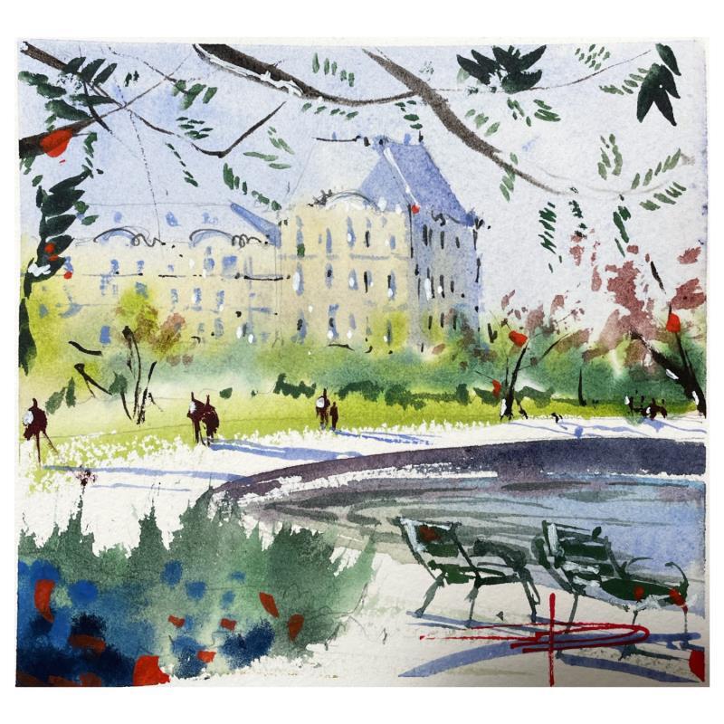 Peinture Les Tuileries par Bailly Kévin  | Tableau Figuratif Urbain Architecture Aquarelle Encre