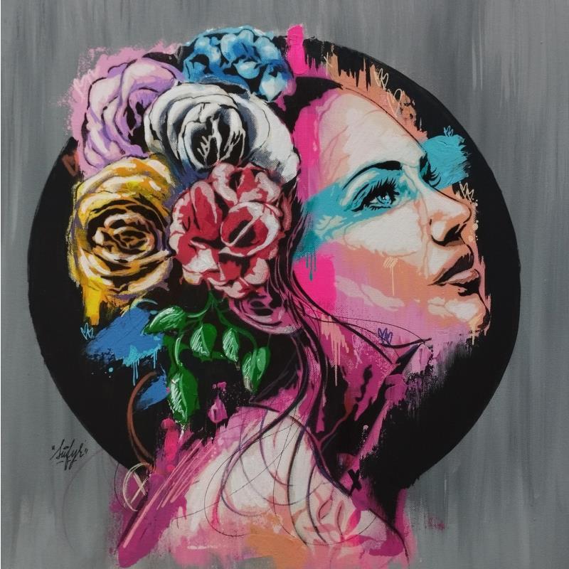 Gemälde La femme aux fleurs von Sufyr | Gemälde Street art Porträt Graffiti Posca
