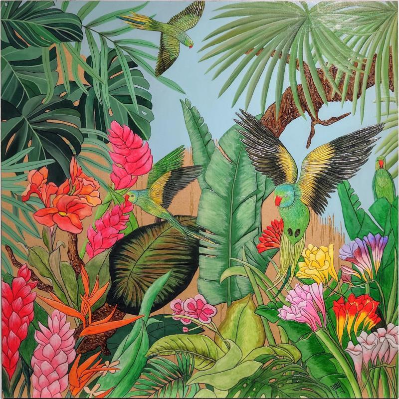 Painting PERROQUETS D'INDONESIE  by Geiry | Painting Subject matter Acrylic, Marble powder, Pigments, Wood Animals, Landscapes, Nature