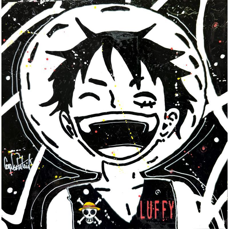 Gemälde Luffy one piece, black and white von Cornée Patrick | Gemälde Pop-Art Porträt Pop-Ikonen Schwarz & Weiß Graffiti Öl