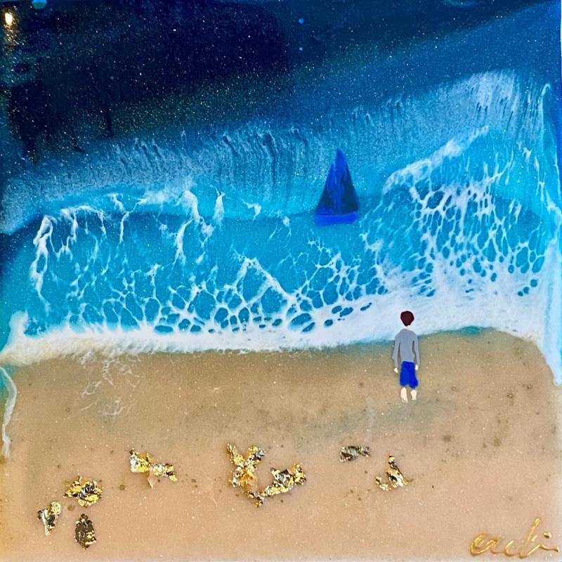 Peinture L’enfant au bateau  par Aurélie Lafourcade painter | Tableau Figuratif Marine Minimaliste Acrylique Résine