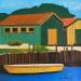 Peinture Cabane verte et Bateau Jaune par Du Planty Anne | Tableau Figuratif Urbain Marine Acrylique