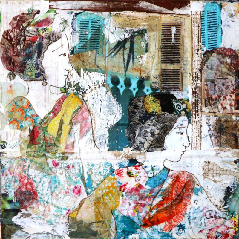 Gemälde Passeggiata von Sablyne | Gemälde Art brut Acryl, Blattgold, Collage, Graffiti, Holz, Papier, Pastell, Pigmente, Textil, Tinte, Upcycling Alltagsszenen