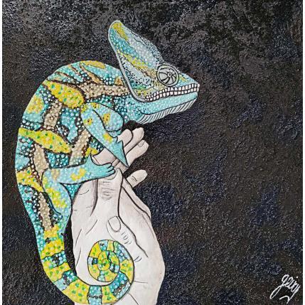 Painting CAMELEON by Geiry | Painting Subject matter Acrylic, Marble powder, Pigments, Sand, Wood Animals, Landscapes, Nature