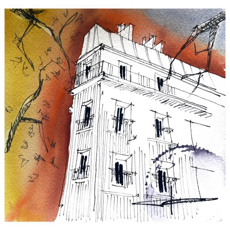 Painting Bâtiment parisien by Bailly Kévin  | Painting Figurative Ink, Watercolor Architecture, Urban