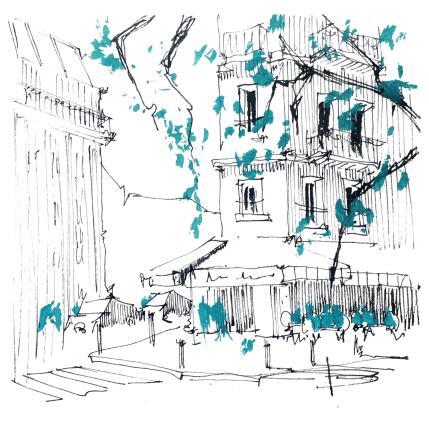 Peinture Place parisienne par Bailly Kévin  | Tableau Figuratif Aquarelle, Encre Architecture, Urbain